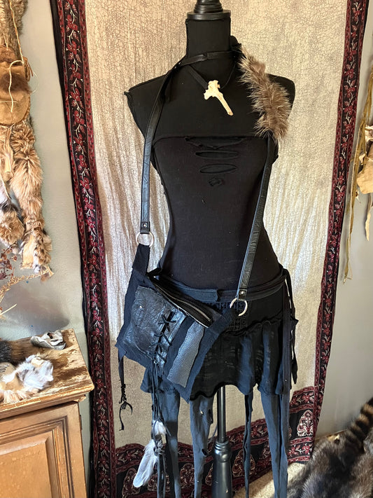 leather purse • raccoon fur • raven feathers • black jasper